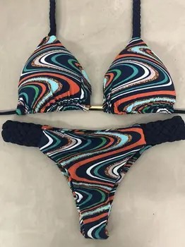 2023 Brazílske Bikini Sexy Plavky S Uväzovaním Za Ženy Remeň Micro Bikini Push Up Tropických Rastlín Tlač Plavky String Mini Plavky