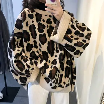 F DIEVČATÁ Bella filozofia Leopard Sveter Ženy O Krk Dlhý Rukáv Pulóvre Vintage Voľné Topy kórejský Streetwear Vytiahnuť Femme